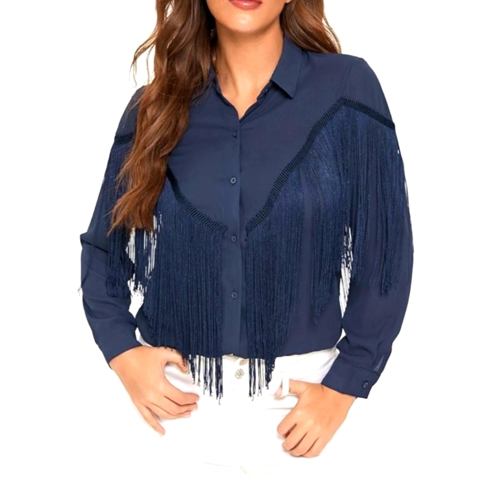 NEW...Chic Navy Fringe Button-Up Shirt..SIZE:L - Picture 1 of 13